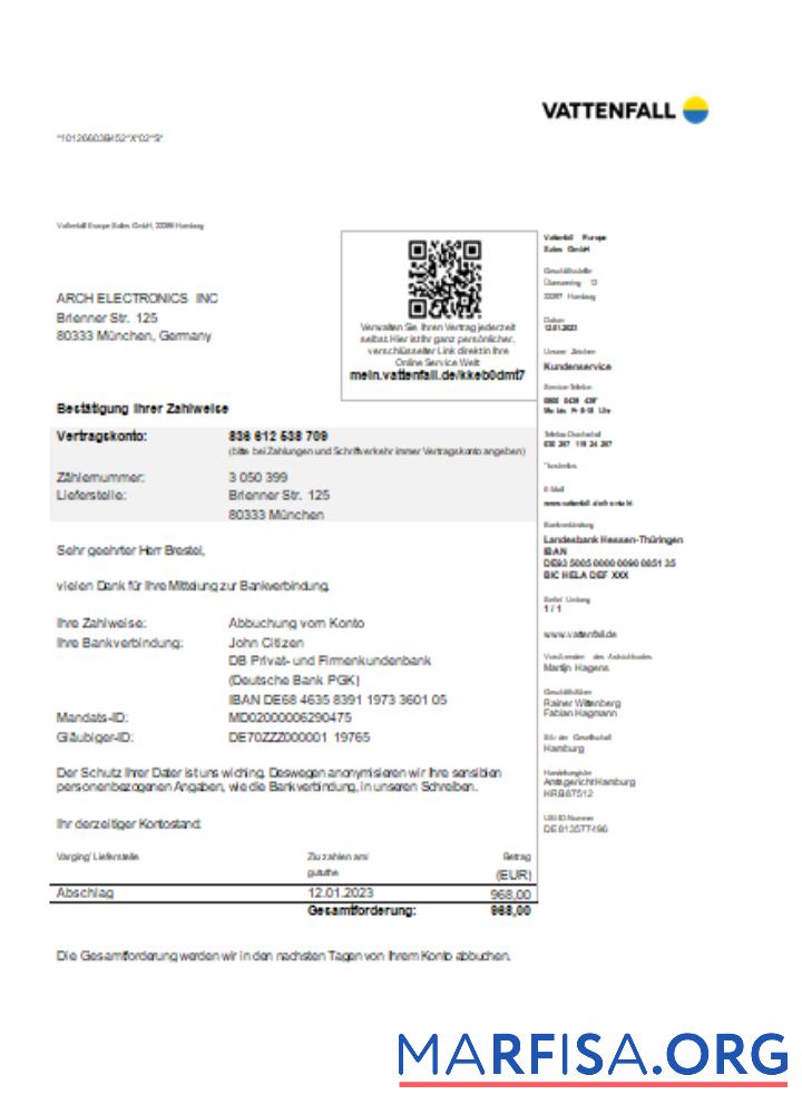 Downloadable Vattenfall utility business bill SCR sample